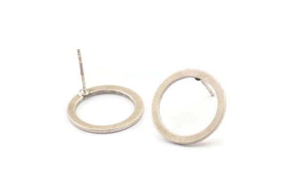 Silver Circle Earring, 4 Antique Silver Plated Brass Circle Stud Earrings (16x0.90mm) D1482 A1381