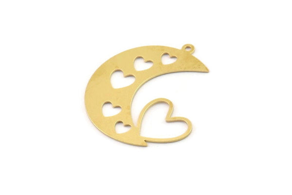 Brass Moon Charm, Raw Brass Heart Charms With 1 Loop, Brass Heart Charms (32x30x0.60mm) SMP1488
