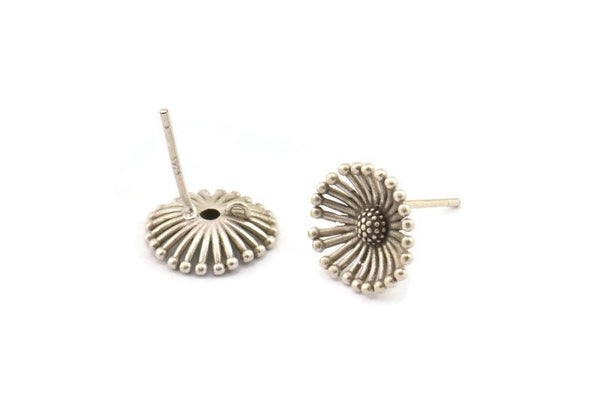 Silver Flower Earring, 4 Antique Silver Plated Brass Flower Stud Earrings With 1 Loop (12mm) N1932