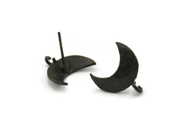 Black Earring Post, 4 Oxidized Black Brass Moon Earring Posts With 1 Loop (14x15mm) BS 2439 H1009