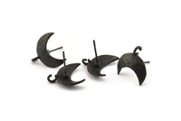 Black Earring Post, 4 Oxidized Black Brass Moon Earring Posts With 1 Loop (14x15mm) BS 2439 H1009