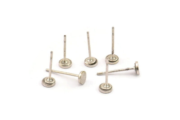 Silver Round Earring, 12 Antique Silver Plated Brass Round Earring Studs (4x0.80mm) A1531