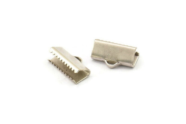 14mm Silver Ribbon, 10 Antique Silver Plated Brass Ribbon Crimp Ends With Loop, Findings (6x14mm)  Brs 231 A0111