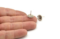 Silver Flower Earring, 4 Antique Silver Plated Brass Flower Stud Earrings With 1 Loop (12mm) N1932
