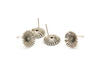Silver Flower Earring, 4 Antique Silver Plated Brass Flower Stud Earrings With 1 Loop (12mm) N1932