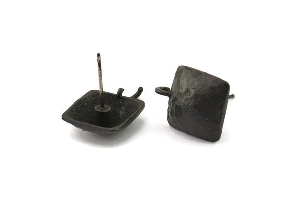 Black Earring Post, 4 Oxidized Black Brass Square Earring Posts With 1 Loop (15x16mm) E290