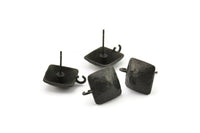 Black Earring Post, 4 Oxidized Black Brass Square Earring Posts With 1 Loop (15x16mm) E290