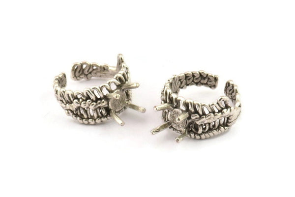 Silver Ring Settings, Antique Silver Plated Brass Claw Rings, Adjustable Rings - Pad Size 6mm N2541 H1633