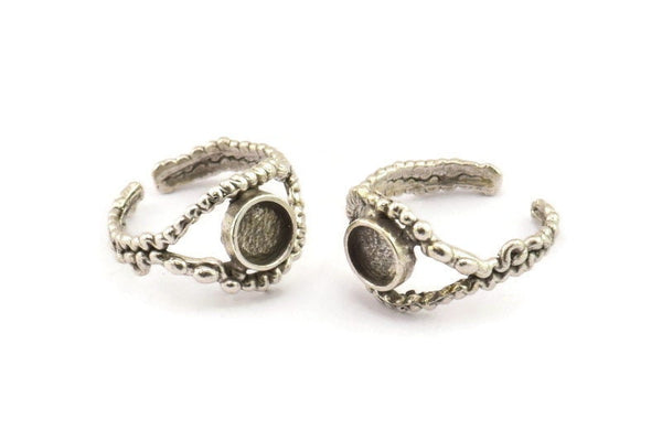 Silver Ring Setting, 2 Antique Silver Plated Brass Adjustable Rings With 1 Stone Settings - Pad Size 6mm N2551 H1627
