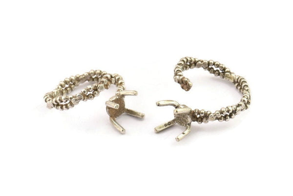 Silver Ring Settings, 2 Antique Silver Plated Brass Claw Rings, Adjustable Rings - Pad Size 6mm N2550 H1628