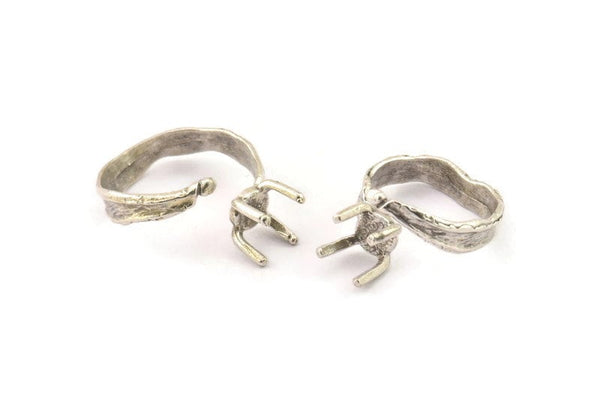 Silver Ring Settings, 2 Antique Silver Plated Brass Claw Rings, Adjustable Rings - Pad Size 6mm N2563 H1625