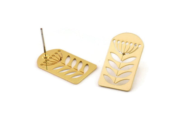 Gold Flower Earring, 4 Gold Plated Brass Flower Shaped Stud Earrings (20x12x0.60mm) A2915 H0403