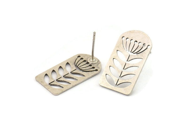 Silver Flower Earring, 6 Antique Silver Plated Brass Flower Shaped Stud Earrings (20x12x0.60mm) A2915 H0403