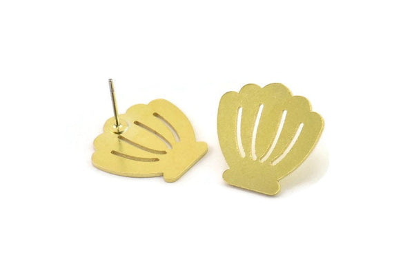 Earring Studs, 6 Raw Brass - Shell Shaped Stud Earrings - Brass Earrings - Earrings (18x0.80mm) A5995