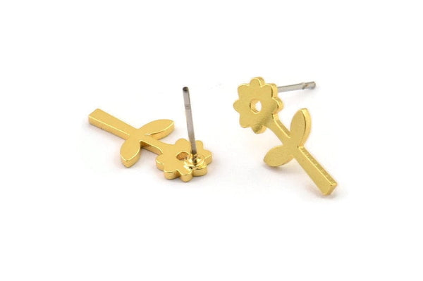 Gold Flower Earring, 6 Gold Plated Brass Sunflower Shaped Stud Earrings (16x8x1mm) A3797