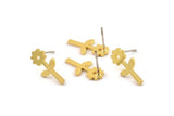 Gold Flower Earring, 6 Gold Plated Brass Sunflower Shaped Stud Earrings (16x8x1mm) A3797
