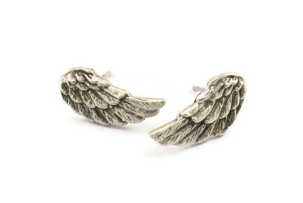 Silver Wing Earring, 4 Antique Silver Plated Brass Wing Stud Earrings, Findings (18x9x1.5mm) A1300 H0183