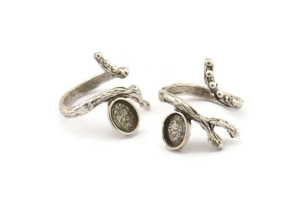 Silver Ring Setting, Antique Silver Plated Brass Adjustable Rings With 1 Stone Settings - Pad Size 6x8mm N2531 H1659