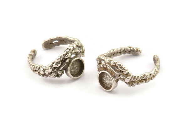 Silver Ring Setting, Antique Silver Plated Brass Adjustable Rings With 1 Stone Settings - Pad Size 6mm N2532 H1652
