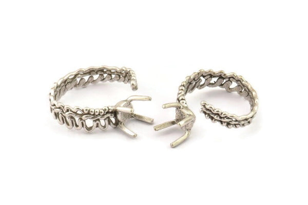 Silver Ring Settings, 2 Antique Silver Plated Brass Claw Rings, Adjustable Rings - Pad Size 6mm N2557 H1634