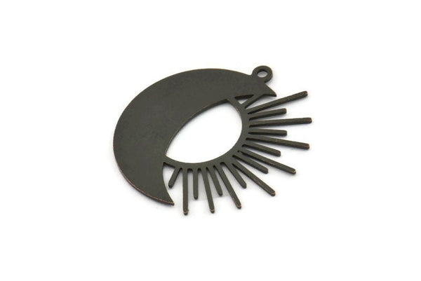 Black Moon Charm, 4 Oxidized Black Brass Crescent Moon And Sun Shaped Charms With 1 Loop (27x27x0.60mm) A4047