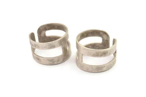 Striped Ring Setting - 4 Antique Silver Plated Brass Adjustable Geometric 2 Striped Ring Settings for Soldering (14mm) Mn52