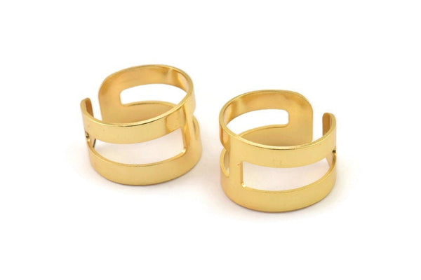 Striped Ring Setting, Gold Plated Brass Adjustable Geometric 2 Striped Ring Settings for Soldering (14mm) Mn52