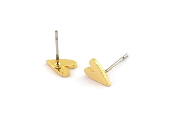 Gold Heart Earring, 8 Gold Plated Brass Tiny Heart Shaped Stud Earrings (8x6x1mm) A3940