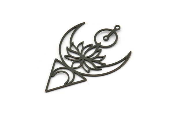 Siyah Lotus Tılsımı, 1 Halkalı 4 Oksitlenmiş Siyah Pirinç Hilal Tılsımı, Küpe Parçaları (45x30x0,60 mm) SMP0539 A6884