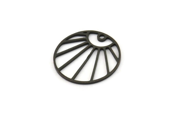 Siyah Yuvarlak Charm, 1 Delikli 12 Oksitlenmiş Siyah Pirinç Yükselen Güneş Desenli Yuvarlak Şekilli Charm, Charm Kolye Uçları (18x0,80 mm) A5572