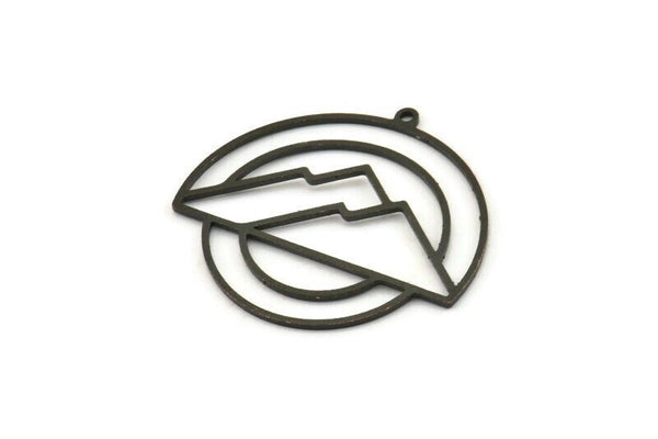 Siyah Yuvarlak Charm, 2 Oksitlenmiş Siyah Pirinç Dağ Desenli Yuvarlak Şekilli Charm, 1 Döngülü Charm Kolye Uçları (33x31x0,80 mm) A6692