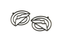 Siyah Yuvarlak Charm, 2 Oksitlenmiş Siyah Pirinç Dağ Desenli Yuvarlak Şekilli Charm, 1 Döngülü Charm Kolye Uçları (33x31x0,80 mm) A6692