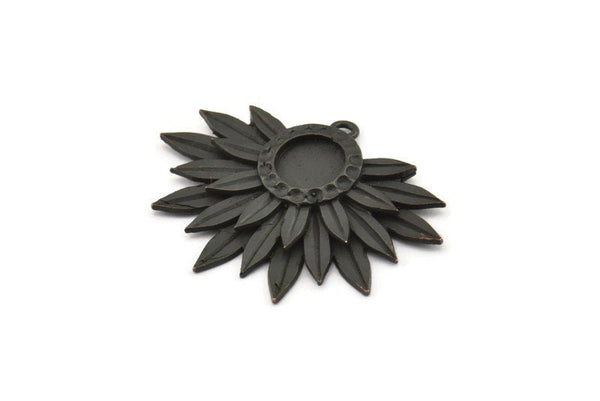 Black Sunflower Charm, Oxidized Black Brass Flower Charm Earrings With 1 Loop, Pendants, Earrings (28x39mm) N0735