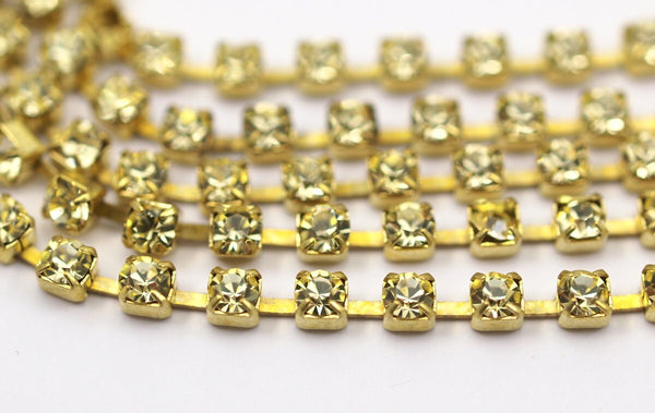 Yellow Crystal Rhinestone, 3 Feet Vintage (3mm) Yellow Crystal Rhinestone Chain With Brass Frame - Made In Austria Z138