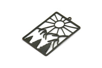 Black Rectangle Charm, 4 Oxidized Black Brass Rising Sun And Mount Patterned Rectangle Charms With 1 Loop (42.5x28.5x0.60mm) A6198