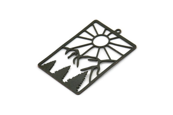 Black Rectangle Charm, 4 Oxidized Black Brass Rising Sun And Mount Patterned Rectangle Charms With 1 Loop (42.5x28.5x0.60mm) A6198