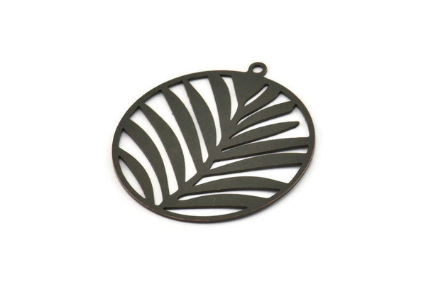 Siyah Yuvarlak Charm, 2 Oksitlenmiş Siyah Pirinç Dal Desenli Yuvarlak Şekilli Charm, 1 Döngü, Charm Kolye Uçları (40x37x0,60 mm) A6016