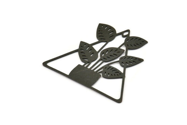 Siyah Yaprak Tılsımı, 1 Delikli Oksitlenmiş Siyah Pirinç Saksı Bitkisi Şeklinde Tılsımlar, Çiçek Bulguları (42,5x48x0,60 mm) A5068