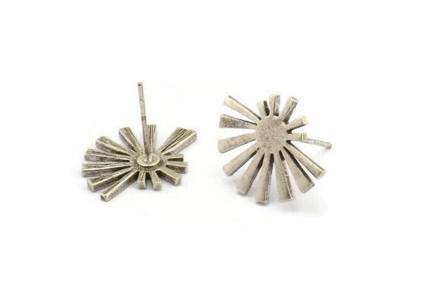 Silver Sun Earring, 4 Antique Silver Plated Brass Rising Sun Flag Stud Earrings (18x14x1mm) N1340