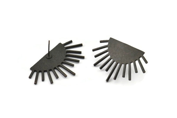 Black Sun Earring, 2 Oxidized Black Brass Sunshine Stud Earrings (39x23x1mm) N0956