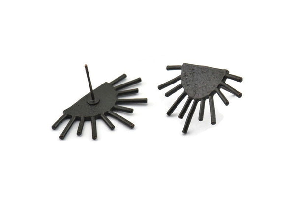 Black Sun Earring, 2 Oxidized Black Brass Sun Stud Earrings (29x17mm) N0903