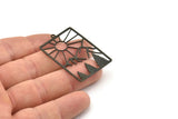 Black Rectangle Charm, 4 Oxidized Black Brass Rising Sun And Mount Patterned Rectangle Charms With 1 Loop (42.5x28.5x0.60mm) A6198