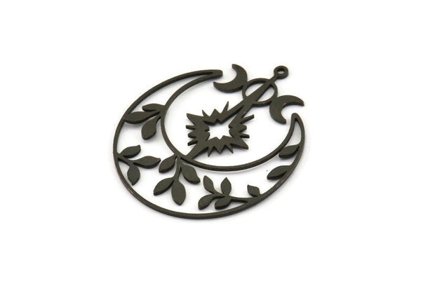 Black Moon Charm, 2 Oxidized Black Brass Crescent Moon And Pole Star Shaped Charms With 1 Loop (41x35x0.80mm) SMP0018 A2614