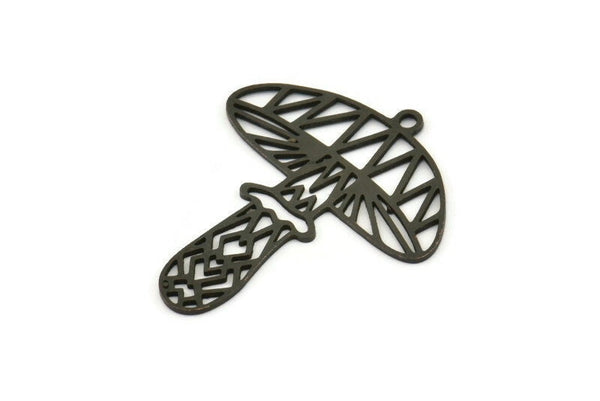 Siyah Mantar Tılsımı, 1 Halkalı 6 Oksitlenmiş Siyah Pirinç Mantar Tılsımı, Tılsım Kolye Uçları (32x28x0,60 mm) A4772