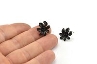 Siyah Çiçek Küpe, 2 Oksitlenmiş Siyah Pirinç Çiçek Küpe (16x15mm) N1169