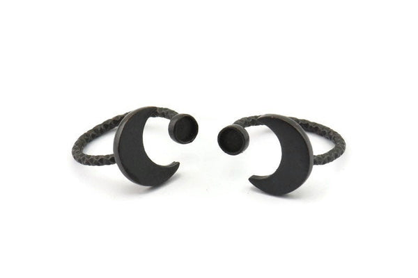 Black Ring Settings, 2 Oxidized Black Brass Moon And Planet Ring With 1 Stone Setting - Pad Size 4mm N1068