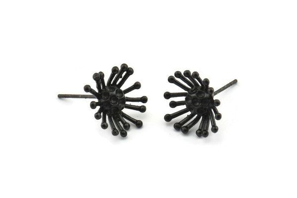 Siyah Çiçek Küpe, 4 Oksitlenmiş Siyah Pirinç Taraxacum Çivi Küpe (14 mm) N1182