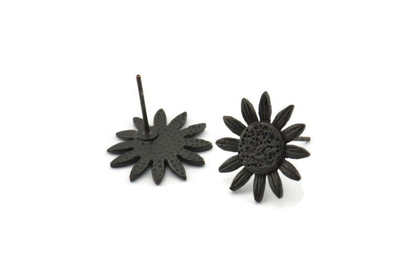 Siyah Ayçiçeği Küpe, 2 Oksitlenmiş Siyah Pirinç Ayçiçeği Küpe (15 mm) N1341