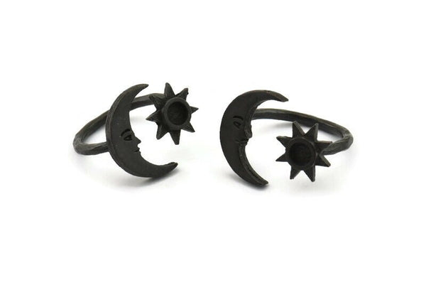 Black Ring Settings, 2 Oxidized Black Brass Moon And Sun Ring With 1 Stone Setting - Pad Size 4mm N1497