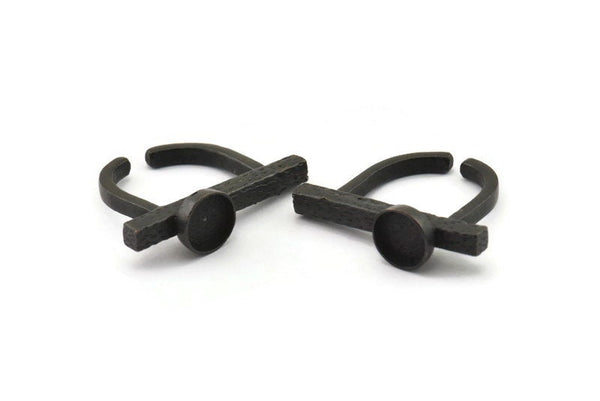 Black Ring Settings, Oxidized Black Brass Adjustable D Shape Rings - Pad Size 8mm N1060